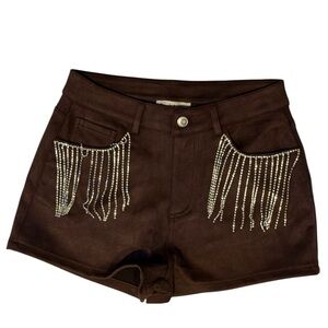 Peach Love Brown Rhinestone Fringe Shorts Small